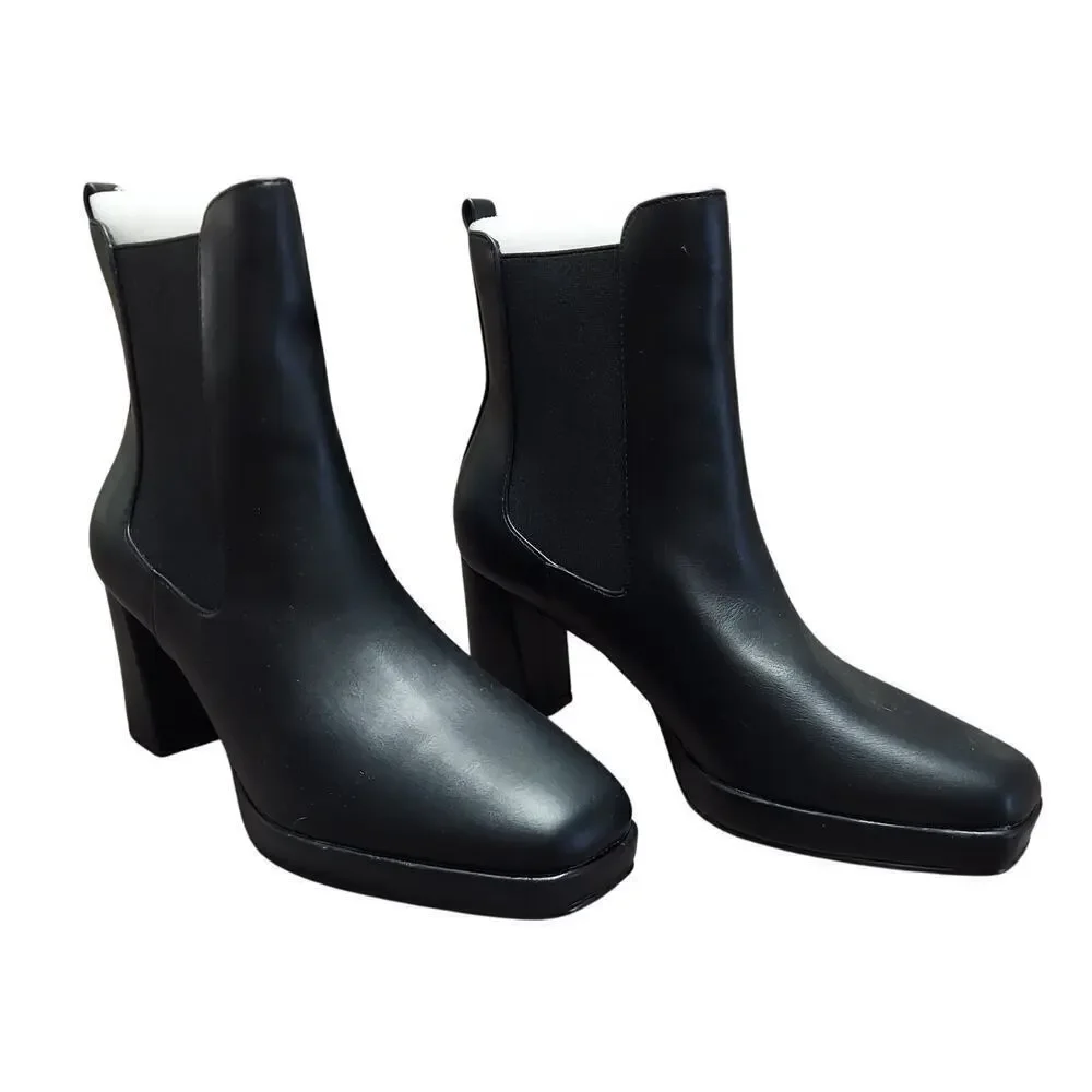 French Connection Black Vegan Leather Penny Block Heel Chelsea Boots
